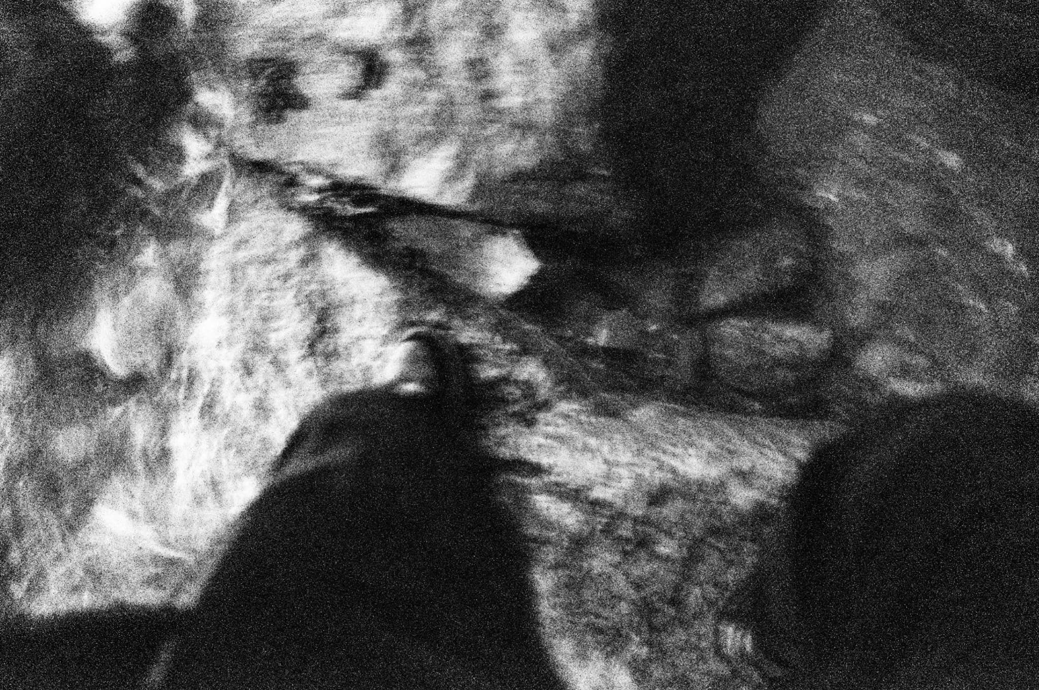 Black and white photo depicting a blurry woodsy indefinite groundward view and the lower left leg of the photographer